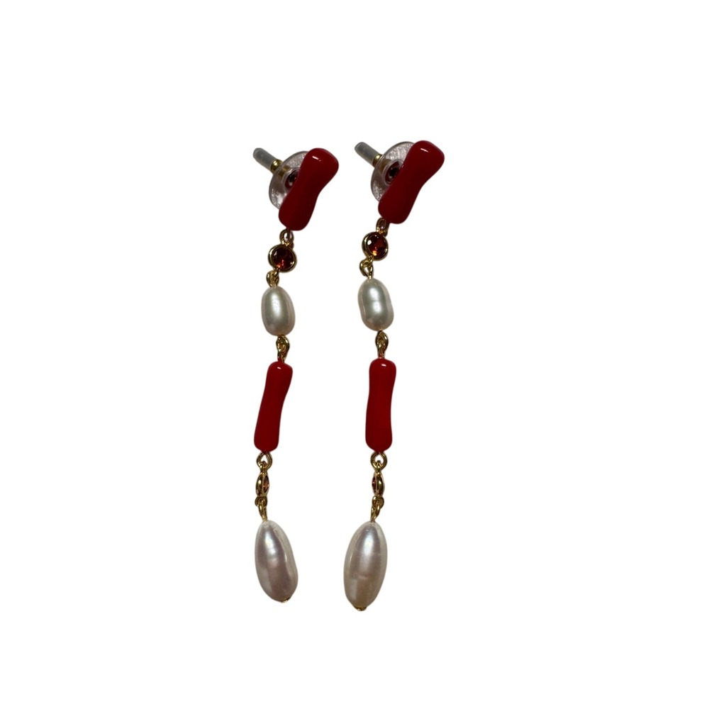 Tuckernuck Red Coral and Pearl Drop Earrings Gold Tone Linear Dangle - Picture 4 of 5